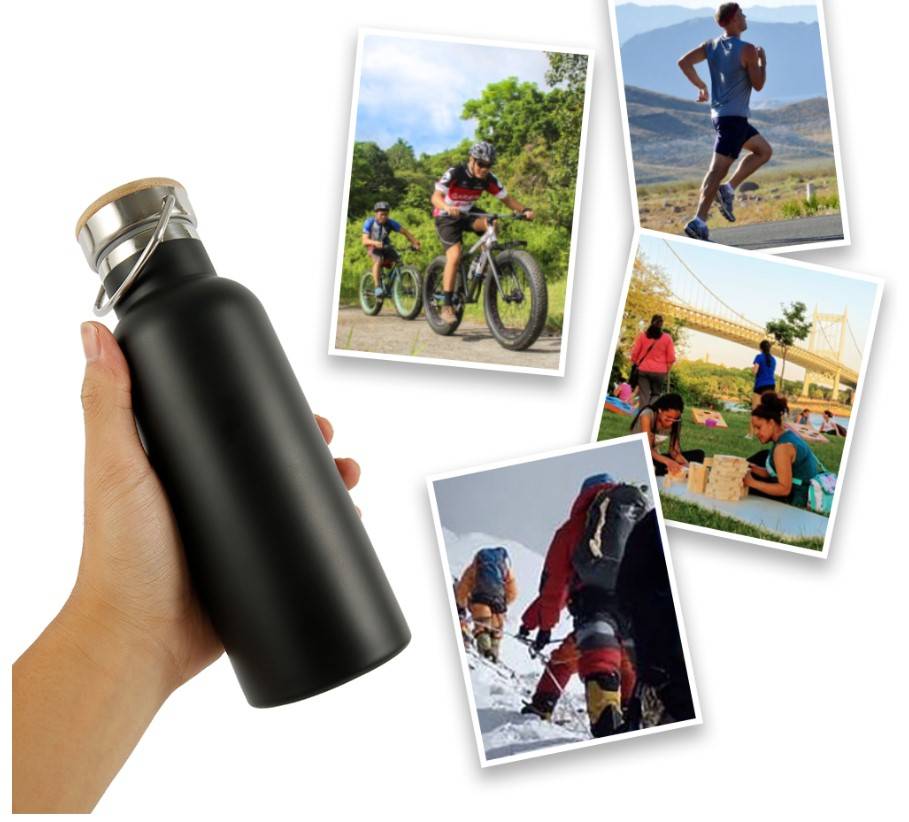 Black Stainless Steel Water Bottle with Bamboo Lid