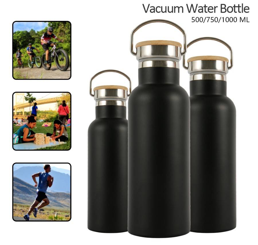 Black Stainless Steel Water Bottle with Bamboo Lid