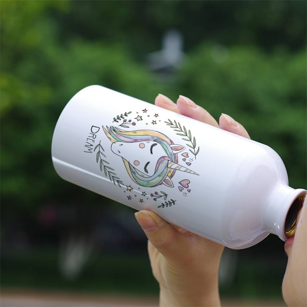 White Steel Water Bottle with Unicorn Print