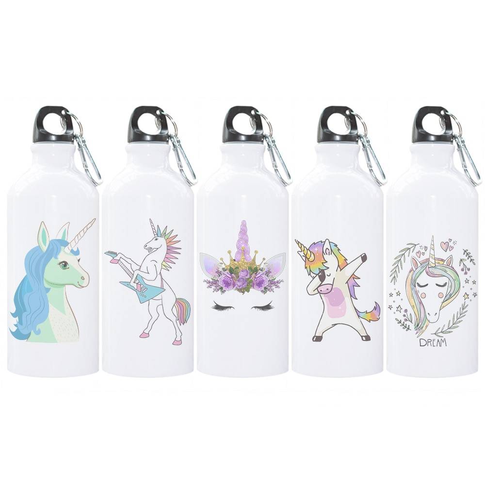White Steel Water Bottle with Unicorn Print