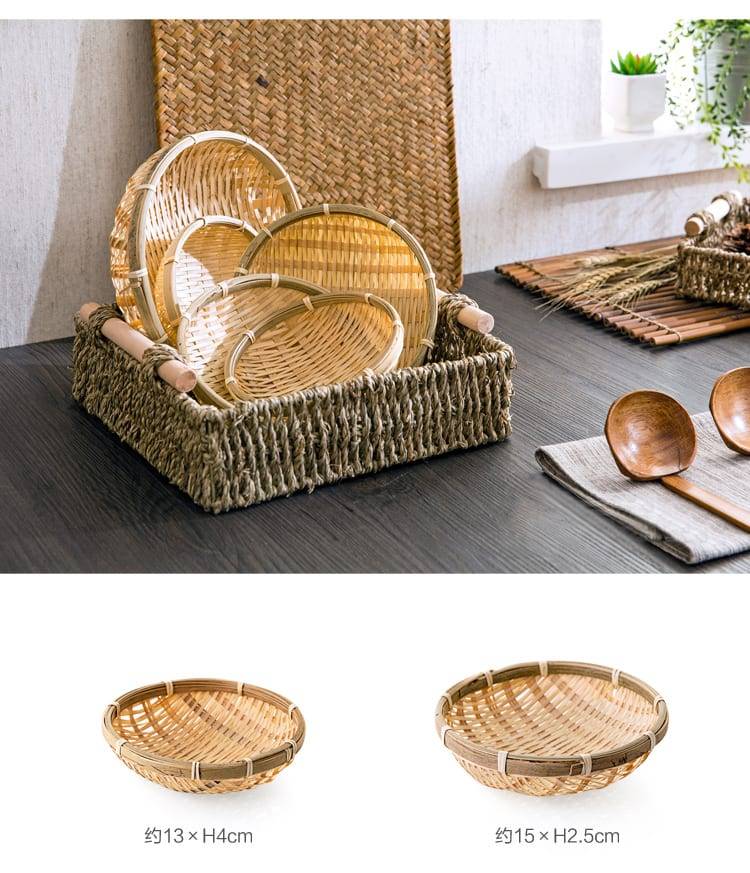 Bamboo plate hand made bamboo weave groceries baskets circular receive case Fruit plate bowls tray drying dustpan cage organizer