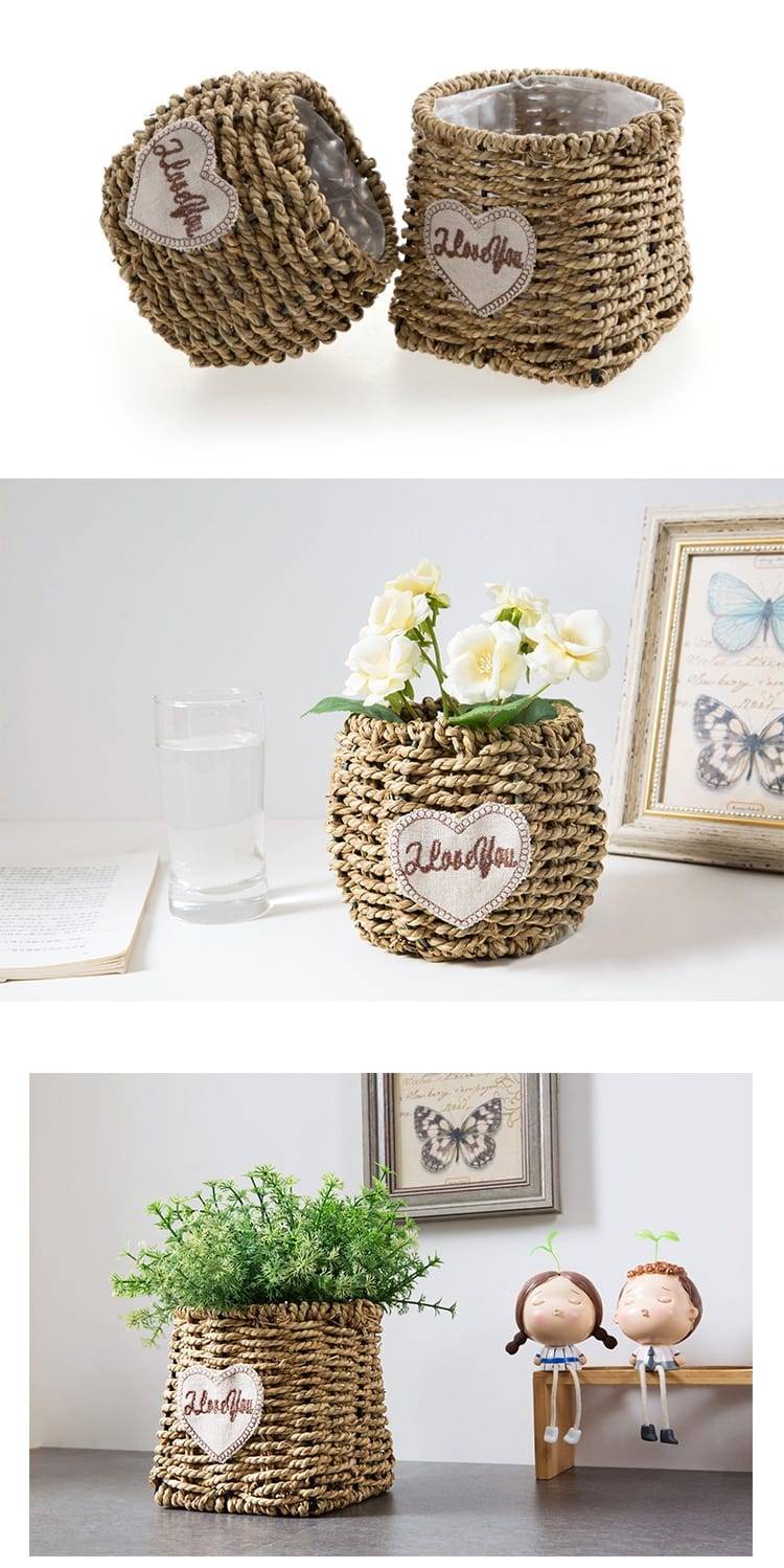 Seagrass Belly Storage Basket Straw Basket Write Wicker basket Storage bag White Garden Flower Pot Planter Handmade Organizer
